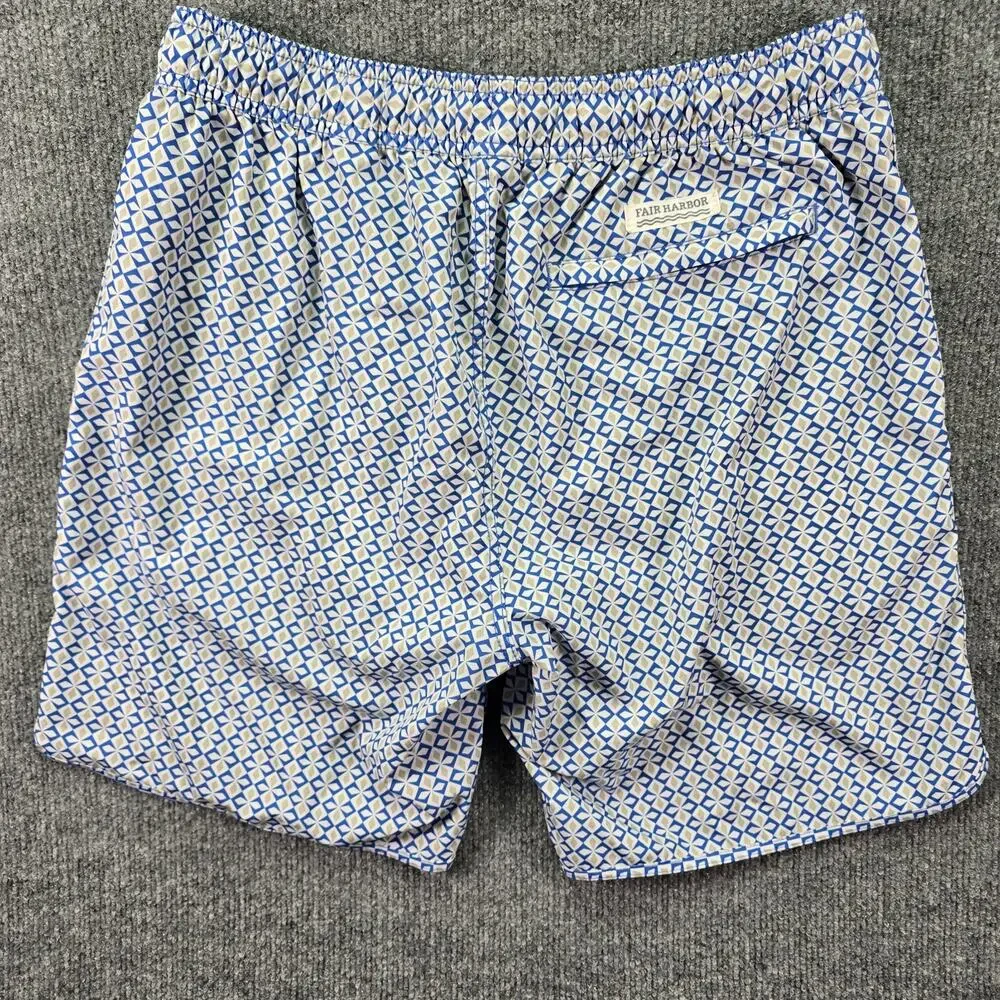 Fair Harbor Swim Trunks Mens Medium 30x8 Blue Geometric Lined Beach Pool Shorts